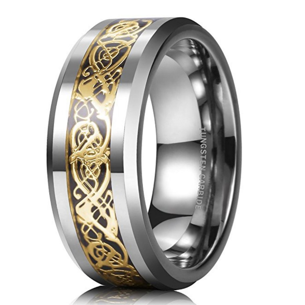 Mens Tungsten Wedding Band 8mm. Celtic Knot Ring Silver Resin Inlay Yellow Gold